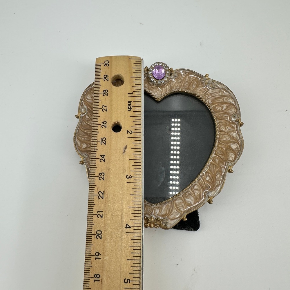 Ornate Heart Shaped Marbled Enamel Picture Frame Purple Rhinestone Gold Tone - Picture 6 of 7